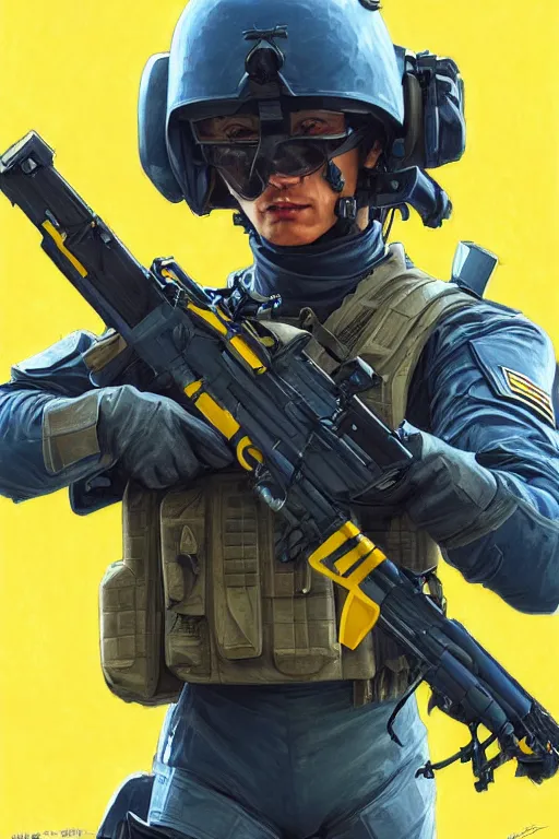 Image similar to a special forces unit soldier modern technology, blue and yellow shoulder patch, realistic portrait full body, symmetrical, highly detailed, digital painting, artstation, concept art, smooth, sharp focus, illustration, cinematic lighting, art by artgerm and greg rutkowski and alphonse mucha