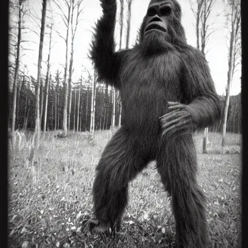 Image similar to a trailcam photo of a real life bigfoot, grainy, vintage, crt