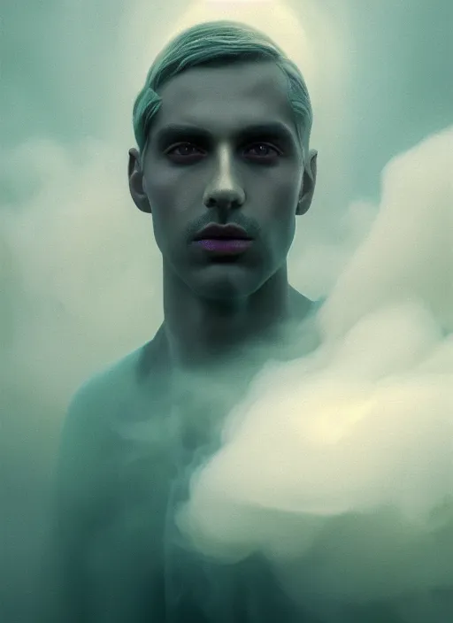 Image similar to an ethereal, misty portrait of a man whose face is accented with neon - toned glowing eyeliner. the makeup floats off his face and joins swirling clouds of smoke and fog, becoming an aurora. muted tones. surreal portrait, cinematic lighting, 8 k, smooth, sharp focus, digital painting, rendered in octane, painted by tom bagshaw, artgerm