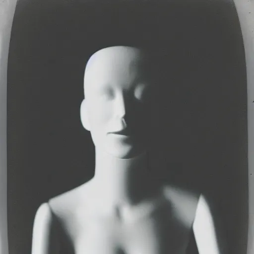 Image similar to an uncanny photograph of a mannequin with a wide smile in a dimly lit abandoned warehouse, creepy, liminal, flash photography, polaroid i-Type film