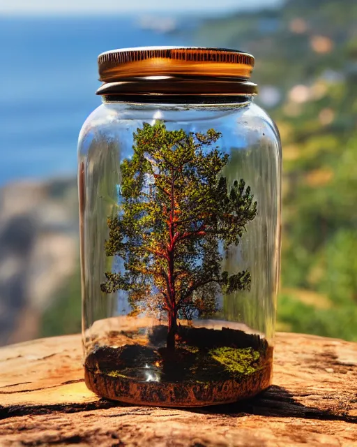 Prompt: glass jar with a burning tree inside, standing on a cliff, bokeh, ocean in the background, metal lid, dramatic lighting, hyperrealistic, highly detailed, intricate, very sharp focus