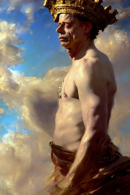 Image similar to beautiful detailed expressive impressionistic oil painting portrait of ancient roman god emperor steve buscemi ascending into the clouds wearing the civic crown, renaissance painting, art by anders zorn, wonderful masterpiece by greg rutkowski, expressive brush strokes, beautiful cinematic light, american romanticism by greg manchess, jessica rossier