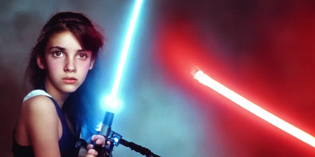 Image similar to a full color still of a teen brunette girl with her hair up holding a lightsaber with a sci-fi battle in the background, cinematic lighting, 1999, directed by Steven Spielberg, 35mm