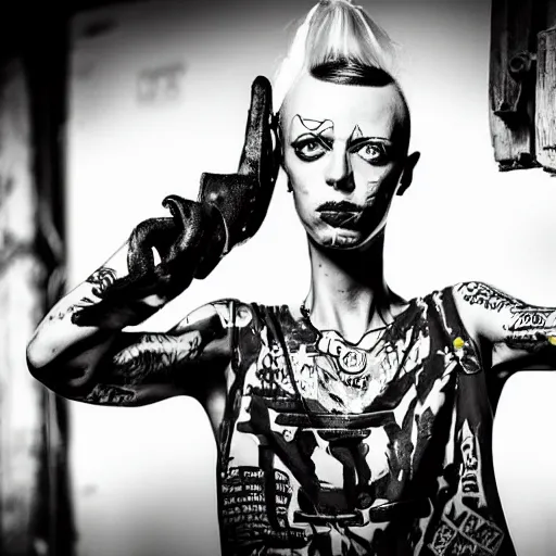 Image similar to die antwoord chappie, back and white, zef design graffiti in the background, dark lighting, digital art