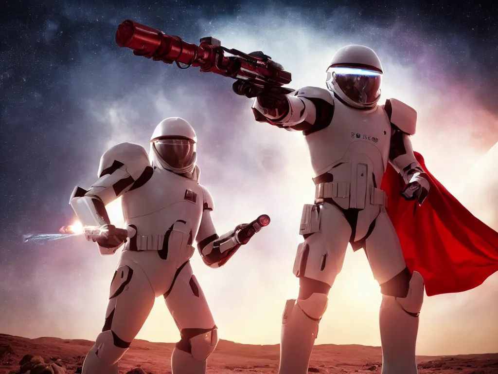 Image similar to gigachad space trooper in glossy sleek white armor with small red details, no helmet, red cape, heroic posture, firing laser rifle, on the surface of mars, explosions in the background, night time, dramatic lighting, cinematic, sci-fi, hyperrealistic, movie still