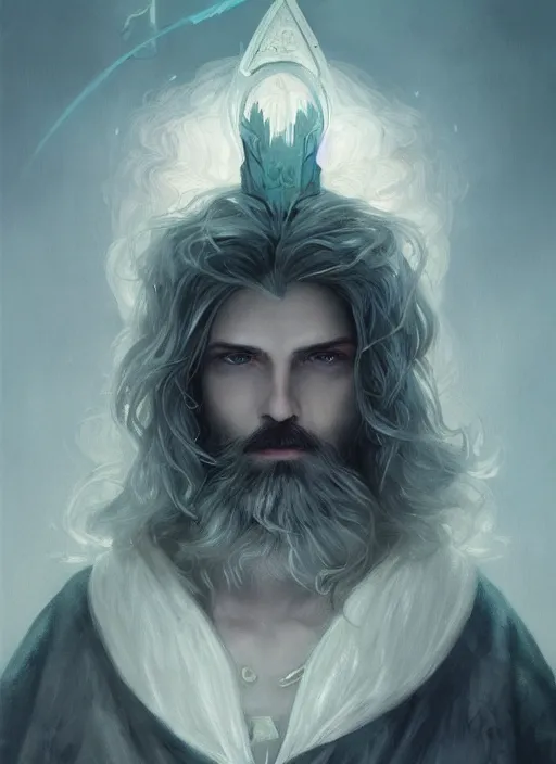 Image similar to Portrait of hexblade warlock aasimar, teal magic electricity, male, silver shaggy hair, short scruffy beard, cloak, white eyes, fantasy, extremely detailed, digital painting, artstation, concept art, smooth, sharp focus, illustration, stunning lighting, art by artgerm and greg rutkowski and alphonse mucha and simon stalenhag, realistic character concept, high fantasy, light atmosphere, golden ratio, cinematic lighting, hyperdetailed, high resolution, insanely detailed and intricate, artstation, Marc Simonetti, Greg Rutkowski
