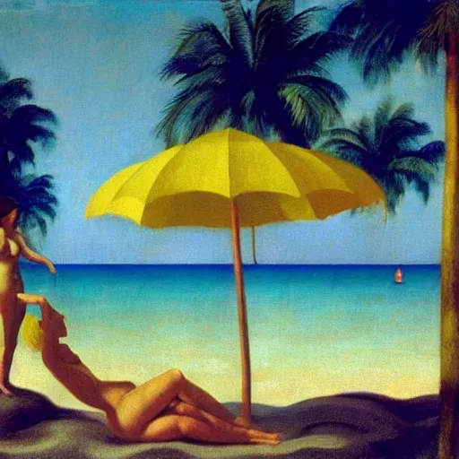 Image similar to a dream-vacation in the tropical beach by Raphael, Hopper, and Rene Magritte. detailed, romantic, enchanting, trending on artstation.