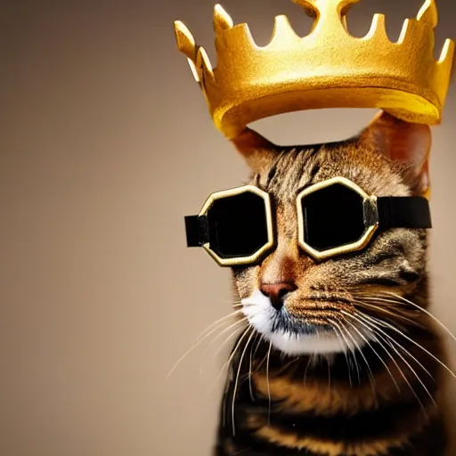 Image similar to a man - cat wearing a fine golden crown and black goggles, symmetric, smooth, sharp focus