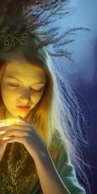 Prompt: young woman surrounded by golden firefly lights in a stunning scene, amidst nature fully covered by a intricate detailed dress, long red hair, precise linework, accurate green eyes, small nose with freckles, smooth oval shape face, empathic, bright smile, expressive emotions, hyper realistic ultrafine art by artemisia gentileschi, jessica rossier, boris vallejo