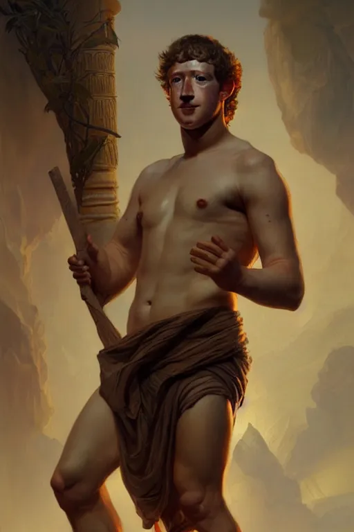 Prompt: Mark Zuckerberg as a Greek god, gorgeous, amazing, muscular, fit, very muscular male body, intricate, highly detailed, digital painting, artstation, concept art, sharp focus, illustration, art by greg rutkowski and alphonse mucha