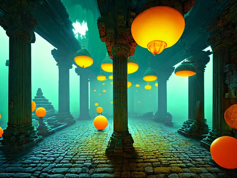 Prompt: an ancient temple within a walled underground city by frank rudolph paul and christopher balaskas and ed valigursky and zacharias aagaard and gillis rombouts, hyperrealism, high contrast, low light, vibrant color, psychedelic, green mist, blue cobblestones, orange demons, yellow lanterns