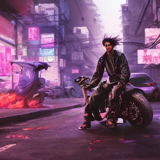 Image similar to portrait painting of a street samurai with long purple hair riding a motorcycle through a burning cyberpunk slum, glitchwave, ultra realistic, concept art, intricate details, eerie, highly detailed, photorealistic, octane render, 8 k, unreal engine. art by artgerm and greg rutkowski and nivanh chanthara