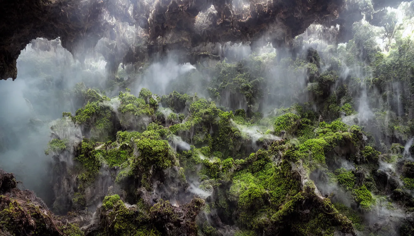 Prompt: wet expansive caves with growing fungal mycelium biodiversity ,deep boiling pools of water reflecting the surfaces around them spraying steam high into the air , small futuristic cities emerge in between the rock formations, dramatic dusk sun illuminates areas and cast strong shadows, volumetric light through the boiling mist ,detailed entangled fibres carpet the fallen rocks , tree roots puncture and crack rocks , stormy clouds gather in the distance ,full colour , upscale , 8k