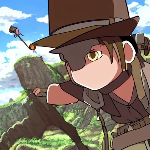 Image similar to Indiana Jones running away from boulder trap, rolling boulder, raiders of the lost ark, made in abyss anime style