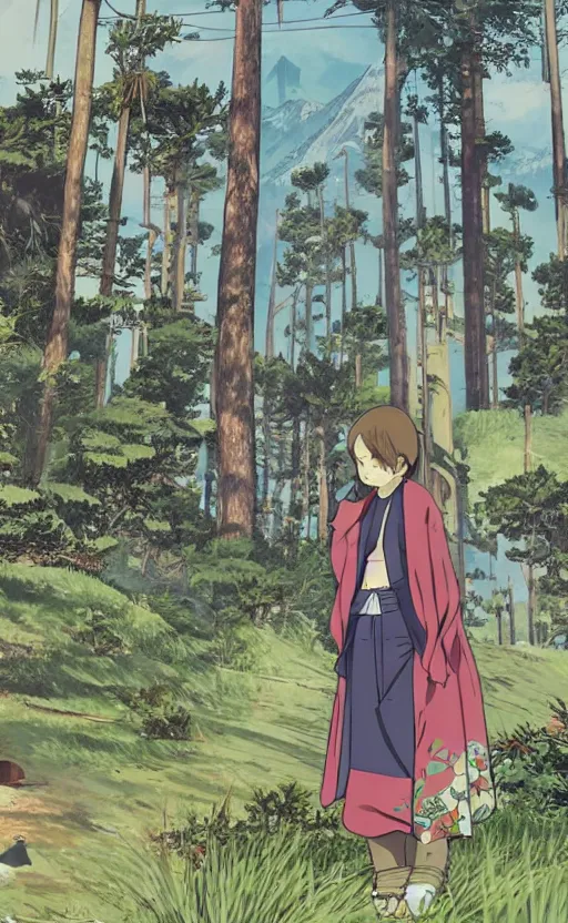 Image similar to gta5, by studio ghibli, girl next to a japanese crane bird in japanese pines, trading card front, kimono, realistic anatomy, concept art, eiichiro oda style, sun in the background