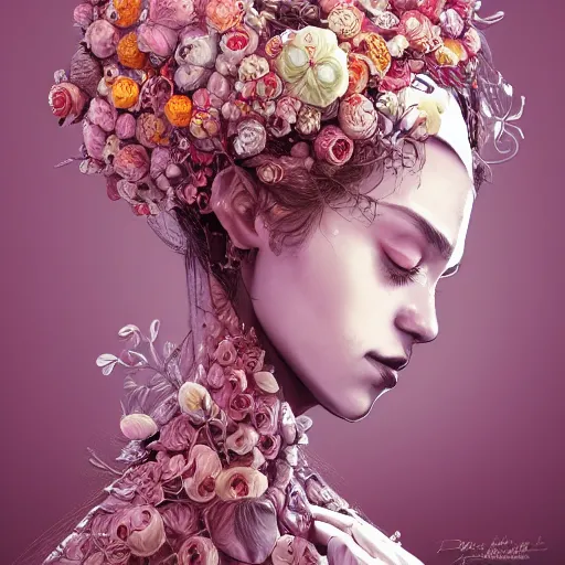 Image similar to the portrait of an absurdly beautiful, graceful, elegant, sophisticated, fashionable woman made of strawberries and white petals looking down, an ultrafine hyperdetailed illustration by kim jung gi, irakli nadar, intricate linework, bright colors, octopath traveler, final fantasy, unreal engine 5 highly rendered, global illumination, radiant light, detailed and intricate environment