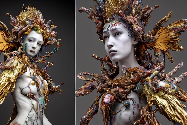 Image similar to Cinestill of A heartbreaking realistic 8k Bernini Sculpture of a stunning intricate cracked multicolored milky cosmic marble Evangelion Fallen Angel Devil Queen adorned in sentient mycelium mystical jewelry and ancient Empress crown and misty xparticles. by Yoshitaka Amano, Daytoner, Greg Tocchini, Scattered golden flakes, Hyperrealism. Subsurface scattering. Octane Render. Weirdcore, perfect face