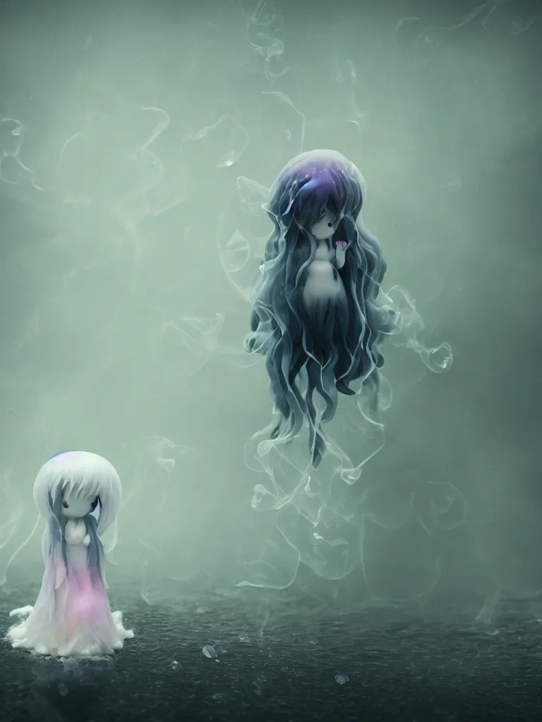 Image similar to cute fumo plush beautiful chibi ectoplasmic gothic witch jellyfish ghost girl, glowing milky wisps of hazy smoke and volumetric fog on a heavy rainstormy reflective river in the falling rain, lens flare, subsurface scattering, vignette, asymmetry, bokeh, refraction, vray