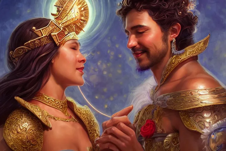 Image similar to close up moment of a divine a sun god and a moon goddess lovers magician at a wedding banquet, highly detailed, d & d, fantasy, highly detailed, digital painting, trending on artstation, concept art, sharp focus, illustration, art by artgerm and daniel gerhartz and magali villeneuve