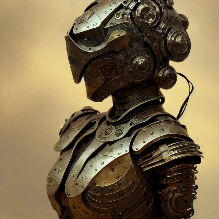 Image similar to pottery cyborg armor, western style raku, diffuse lighting, fantasy, intricate, elegant, highly detailed, lifelike, photorealistic, digital painting, artstation, illustration, concept art, smooth, sharp focus, art by John Collier and Albert Aublet and Krenz Cushart and Artem Demura and Alphonse Mucha