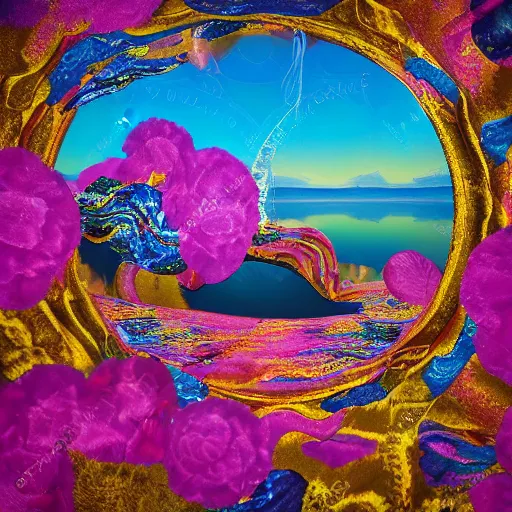 Image similar to a vintage album cover of a trippy lake surrounded by abstract flowers, an arch emerging from the water made of golden fabric, photo - realistic, hyper - real, beautiful lighting