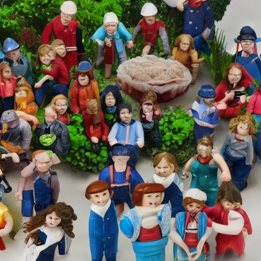 Image similar to photo of several miniature humans with various occupations. The tiny humans are all living inside a town that is inside a 1970s jellied salad