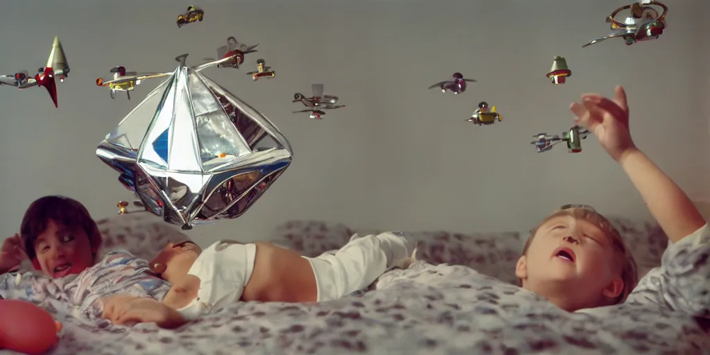 Prompt: flight of the navigator trimaxion drone ship, chrome metallic ufo, floating inside a child's bedroom reflecting children's toys, film still, 3 5 mm