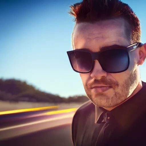 Prompt: a beautiful portrait of an extremely cool bloke wearing a pair of sunglasses called speed dealers, on a hot australian day, high quality, photography, volumetric lighting, 8 k