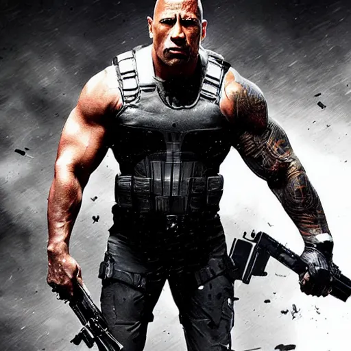 Image similar to Dwayne Johnson in the punisher digital art 4k detailed super realistic