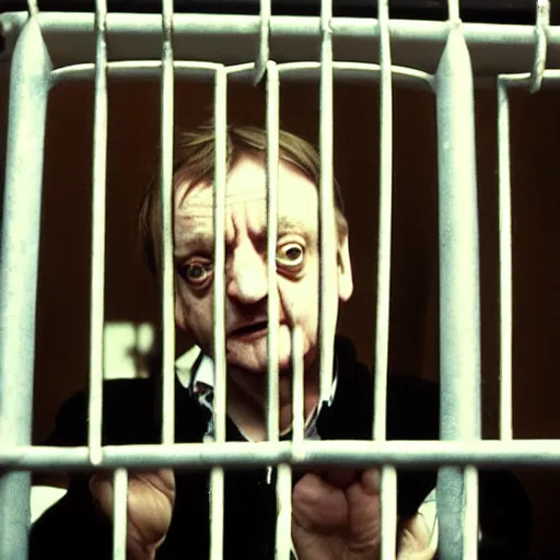 Prompt: mark e smith in a small cage in a pet shop window, his hands are up on the bars, the cage has a for sale tag, 4 k