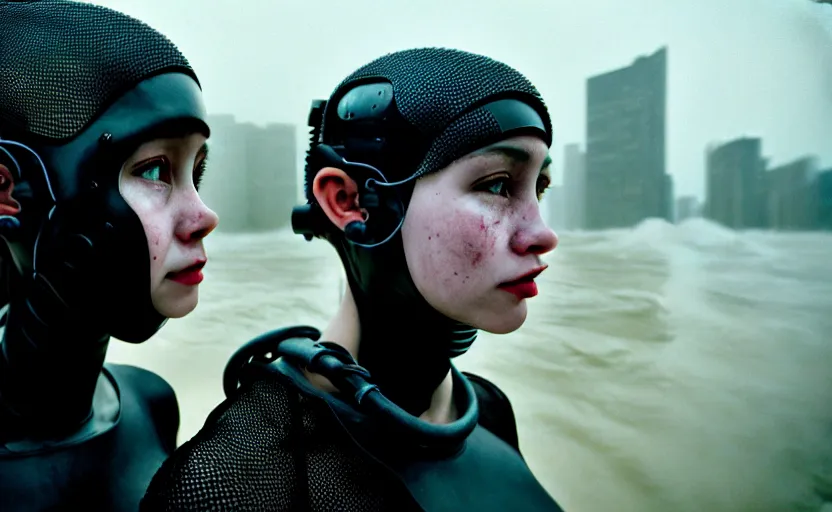 Image similar to cinestill 5 0 d candid photographic portrait by helen levitt of two loving female androids wearing rugged black mesh techwear in treacherous waters, extreme closeup, modern cyberpunk moody emotional cinematic, dust storm, 8 k, hd, high resolution, 3 5 mm, f / 3 2, ultra realistic faces, ex machina