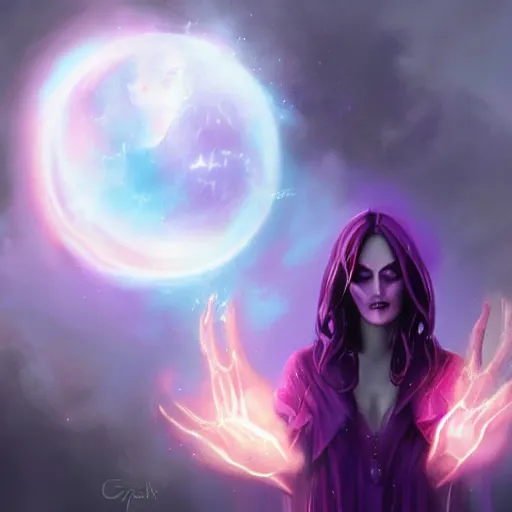 Prompt: a beautiful Purple Magician based on Maryln Manson with glowing aura holding an orb by Greg Rutkowski and Raymond Swanland, Trending on Artstation, cloudy background, ultra realistic digital art