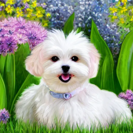 Image similar to cute fluffy maltese puppy sitting in a field of spring flowers detailed painting 4 k