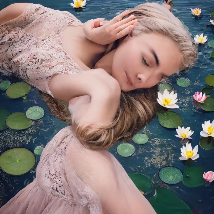 Image similar to Kodak Portra 400, 8K, soft light, volumetric lighting, highly detailed, britt marling style 3/4, photo close-up portrait of extreme beautiful girl floating in water surrounded by lily pads, half face in the water, a beautiful lace dress and hair are intricate with highly detailed realistic beautiful flowers , Realistic, Refined, Highly Detailed, natural outdoor soft pastel lighting colors scheme, outdoor fine art photography, Hyper realistic, photo realistic