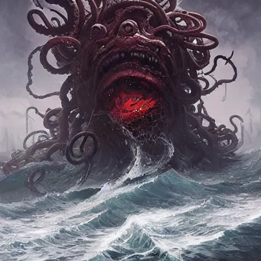 Prompt: a kraken with multiple eyes, tentacles rising from the sea, exploded ship, magic the gathering art, art by greg rutkowski, fantasy rpg, league of legends