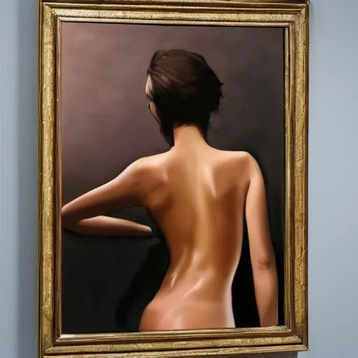 Image similar to hyperrealism oil painting of a sensual fashion model looking in mirror