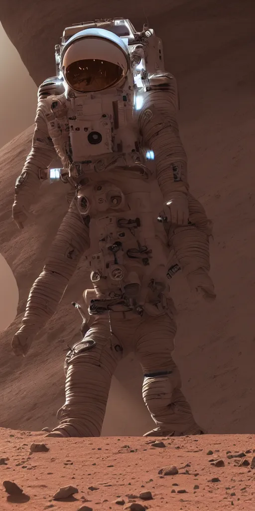 Prompt: concept art, a american astronaut with new lightweight spacesuit, landing on mars, musk's mars immigration program, cyberpunk, backlight, epic, high detail, 8 k, octane rendering, unreal engine.