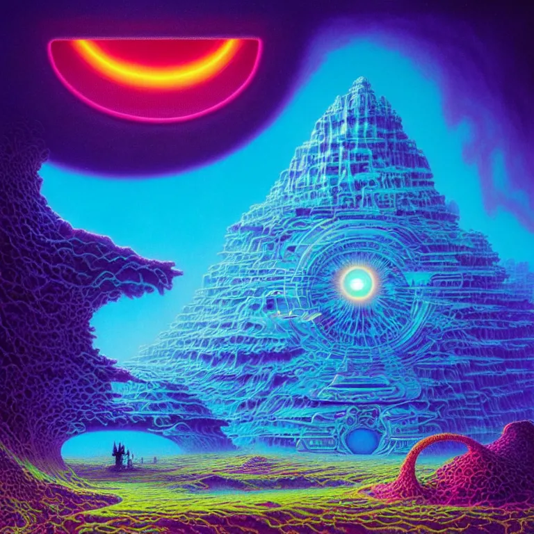 Prompt: mysterious eyeball hovers over mythical crystal temple, fractal waves, synthwave, bright neon colors, highly detailed, cinematic, tim white, michael whelan, roger dean, bob eggleton, lisa frank, vladimir kush, kubrick, kimura, isono