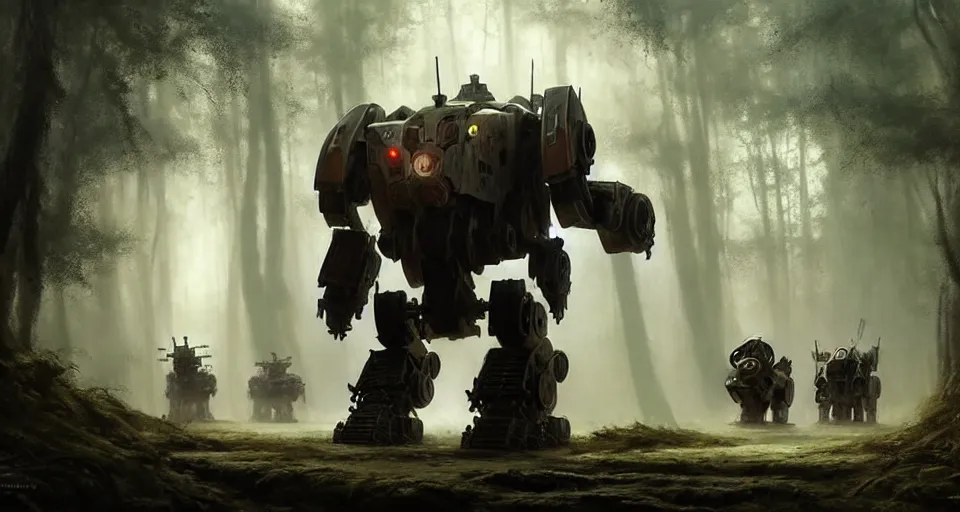 Image similar to giant medieval battlemech walking through a forest, hyper realistic sci - fi matte concept art painting, beautiful details, strong composition painted by kim jung guweta studio rutkowski, james gurney and greg rutkowski, and lucasfilm, smooth, intricate, detailed, sharp focus, cinematic