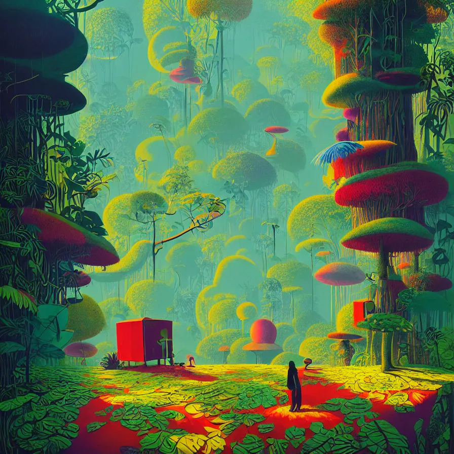 Prompt: surreal glimpse, malaysia jungle, sunny day, very coherent and colorful high contrast pastel art by gediminas pranckevicius james gilleard james gurney floralpunk screen printing woodblock, dark shadows, hard lighting, stippling dots, art nouveau