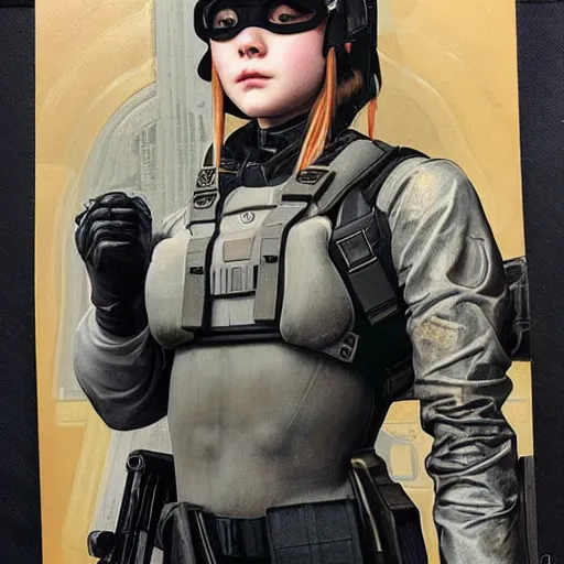 Image similar to a vintage portrait painting of elle fanning wearing swat gear in metal gear solid and death stranding, highly detailed, art by tristan eaton and artgerm and william - adolphe bouguereau