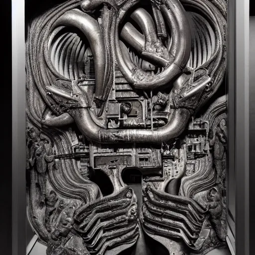 Image similar to 3 0 5 0 an embryo v 1 2 engine bas - relief dedigned by giger and otomo, in a baroque museum exhibit, intricate high details, sharp, ultradetailed