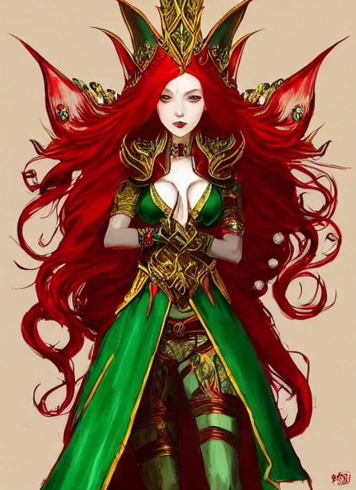 Image similar to Full body portrait of a beautiful red haired elven queen wearing red, green and gold ceremonial queen dress and elaborate golden crown. In style of Yoji Shinkawa and Hyung-tae Kim, trending on ArtStation, dark fantasy, great composition, concept art, highly detailed.