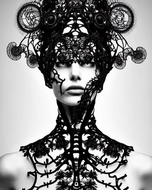 Image similar to surreal black and white photo portrait of complex bio-mechanical beautiful young female vegetal-cyborg with a Mandelbrot fractal steampunk metal fine lace face, a very long neck and a fine metal floral foliage super big lace collar by Alexander McQueen:: smoke, high fashion, haute couture, rococo, steampunk, silver filigree details, anatomical, facial muscles, cable wires, microchip, elegant, dreamy, foggy atmosphere, hyper realistic, 150 mm lens, soft rim light, octane render, unreal engine, picture was taken in 1910 by Man Ray, volumetric lighting, dramatic light,8k,