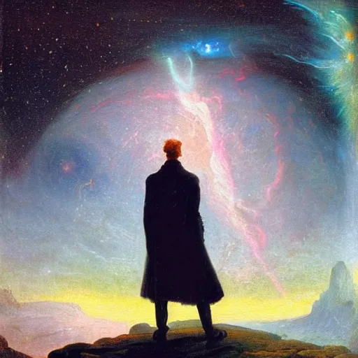 Image similar to an impasto oil painting of a futuristic wanderer gazing into a universe full of mystical colorful light nebulae and galaxie spainted by caspar david friedrich, pastel color scheme