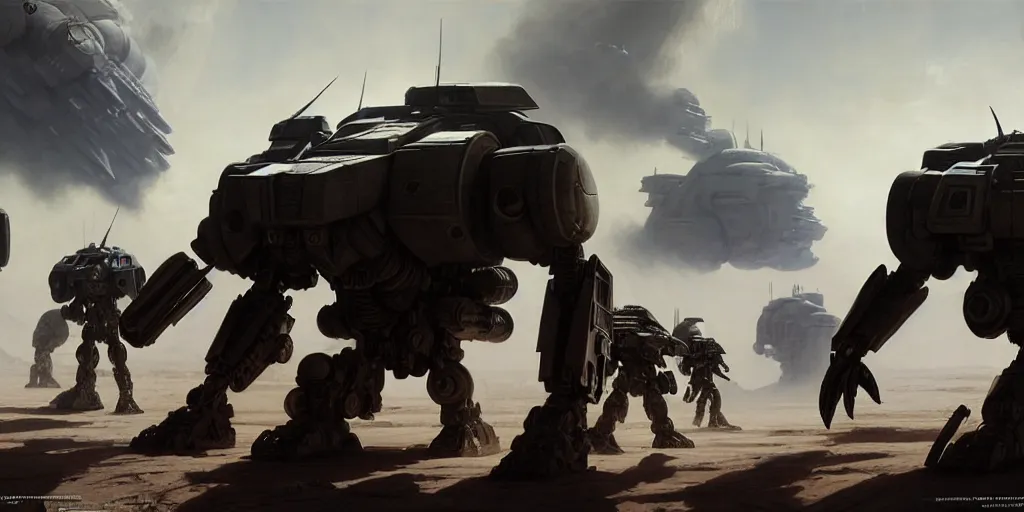 Prompt: hyper realistic sci - fi matte concept art painting of epic cinematic battle between a variety of mechwarriors and soldiers fighting on mars, guns, missiles, explosions, beautiful details, strong composition painted by kim jung guweta studio rutkowski, james gurney and greg rutkowski, and lucasfilm, smooth, intricate, detailed, sharp focus, cinematic