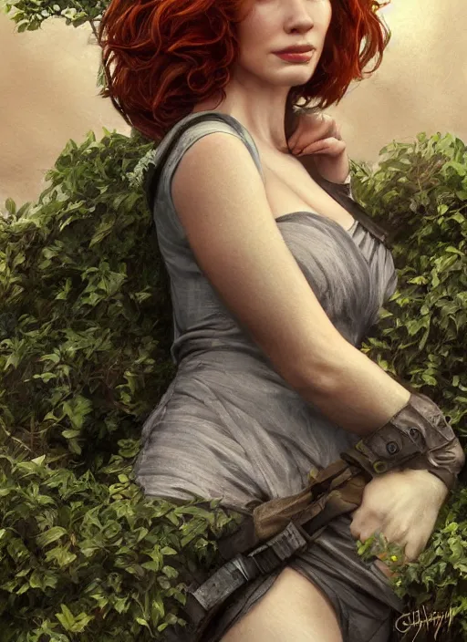 Image similar to tired Christina Hendricks taking a rest under a tree after an long adventure a ruggedly muscled handsome heroine, intricate, elegant, highly detailed, centered, digital painting, artstation, concept art, smooth, sharp focus, illustration, artgerm, donato giancola, Joseph Christian Leyendecker, WLOP, Artgerm, thunder storm