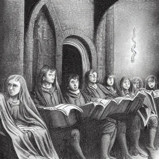 Image similar to harry potter students, by gustave dore and william blake