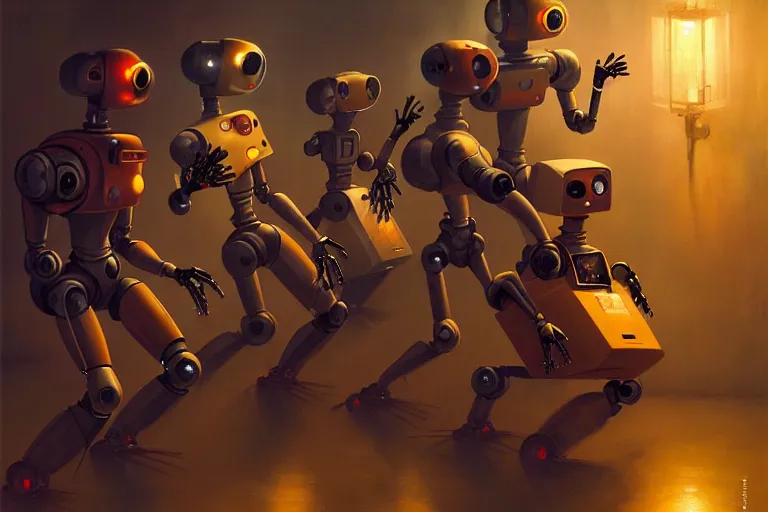 Image similar to robots expressively dancing by otto dix and greg rutkowski and andreas rocha, cinematic lighting, highly detailed, warm colours, 4 k