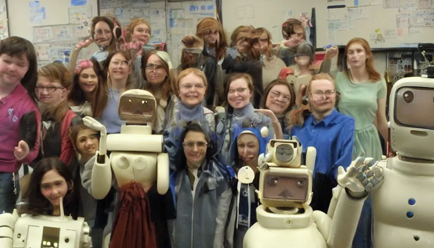 Prompt: group picture of wax robot in class, by mini dv camera, very very low quality, heavy grain, very blurry, accidental flash, webcam footage, found footage, security cam, caught on trail cam